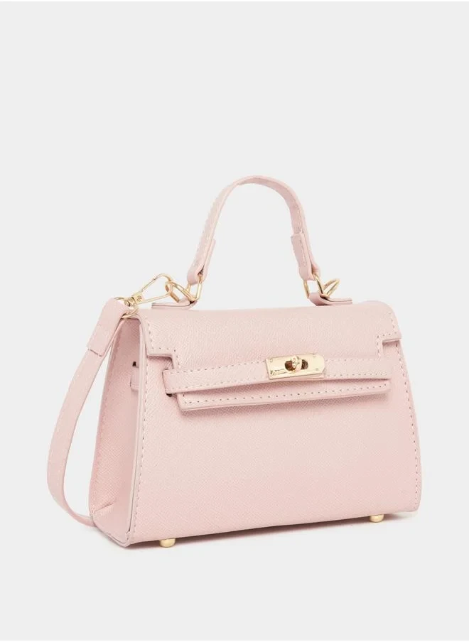 Textured Handbag with Turn-Lock Closure